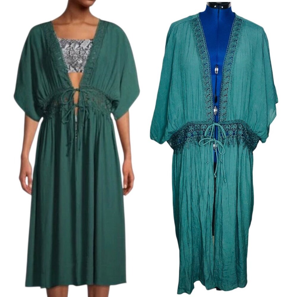 Time & Tru Bikini Beach Swim Cover Up Kimono 3X Green Tie Open Front Waist Lace